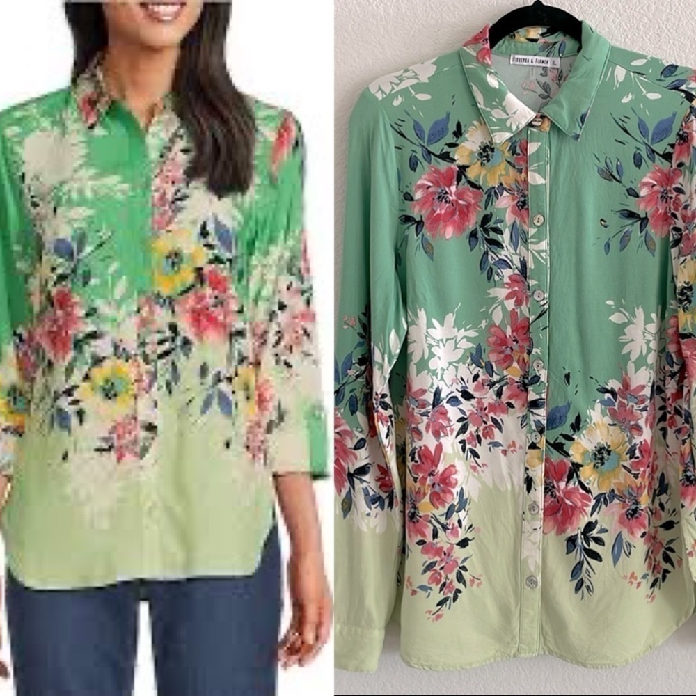 Figueroa & Flower Women Button Front Shirt XL Green Floral Bohemian Contemporary